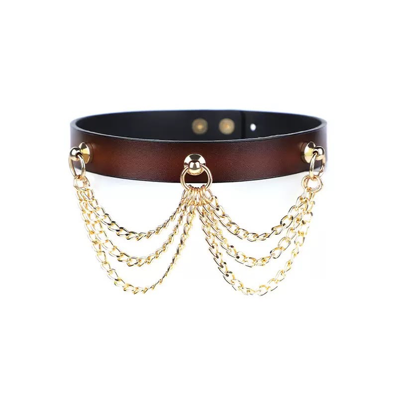 Collier BDSM cuir cognac à chaînes dorées suspendues (variante)