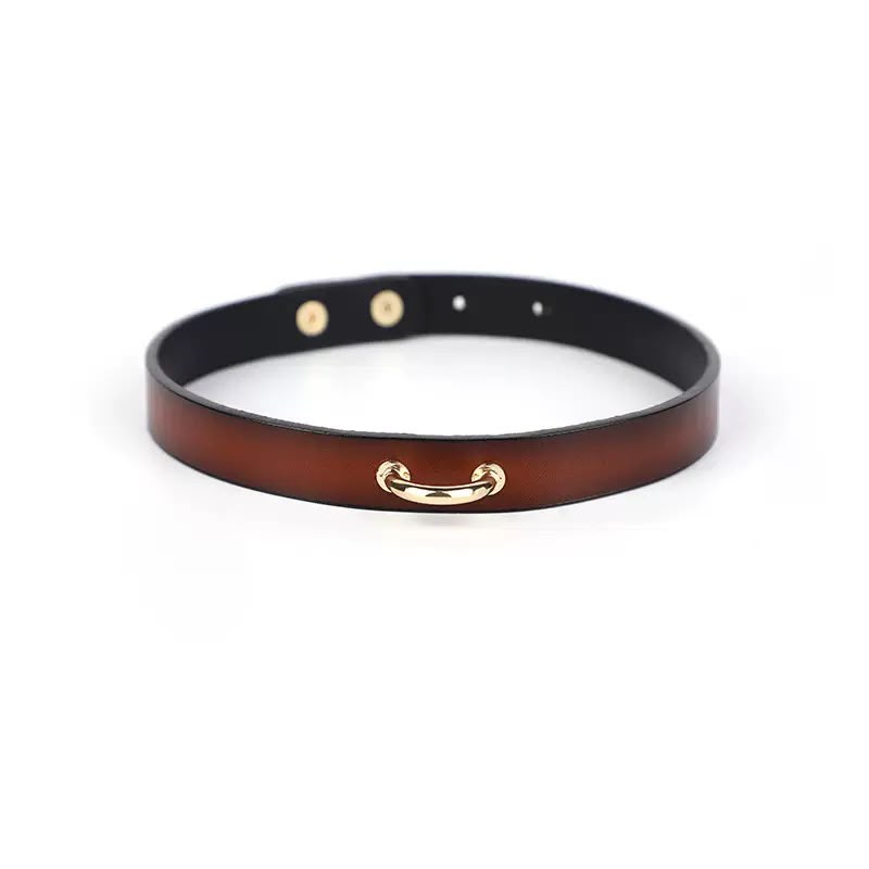 Collier BDSM cuir cognac fin fermoir doré (variante)