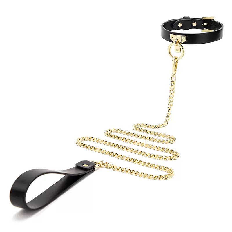 Collier BDSM cuir cognac fin fermoir doré