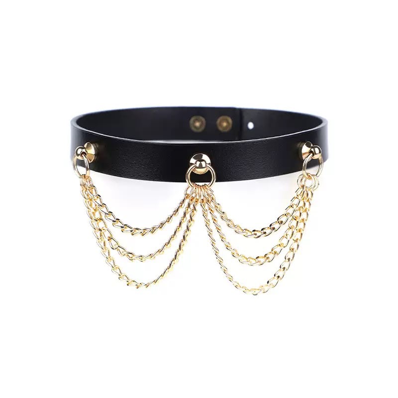Collier BDSM cuir noir à chaînes dorées suspendues (variante)