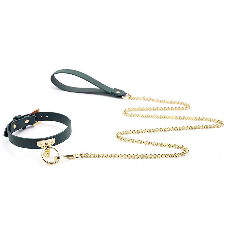 Collier et laisse BDSM cuir vert chaîne dorée